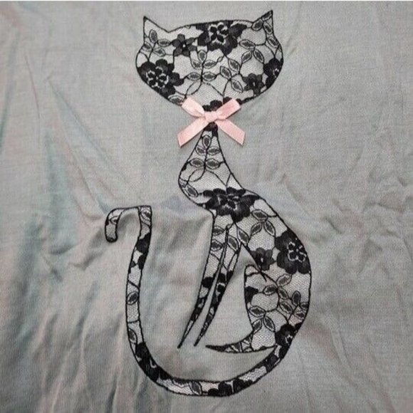 Vintage French Kitty by Mighty Fine Womens Top, Grey, Black Lace Cat, Small - Picture 1 of 4